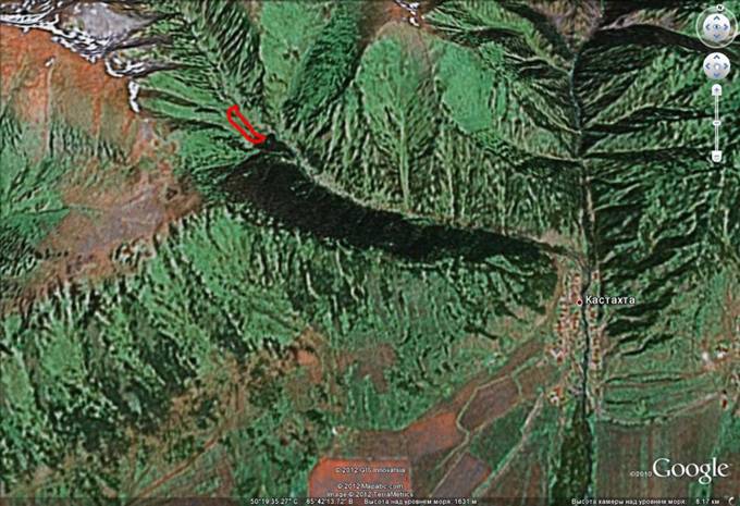 Земельный участок 3 га вверх по реке Кастахта. Схема расположения на Google Earth